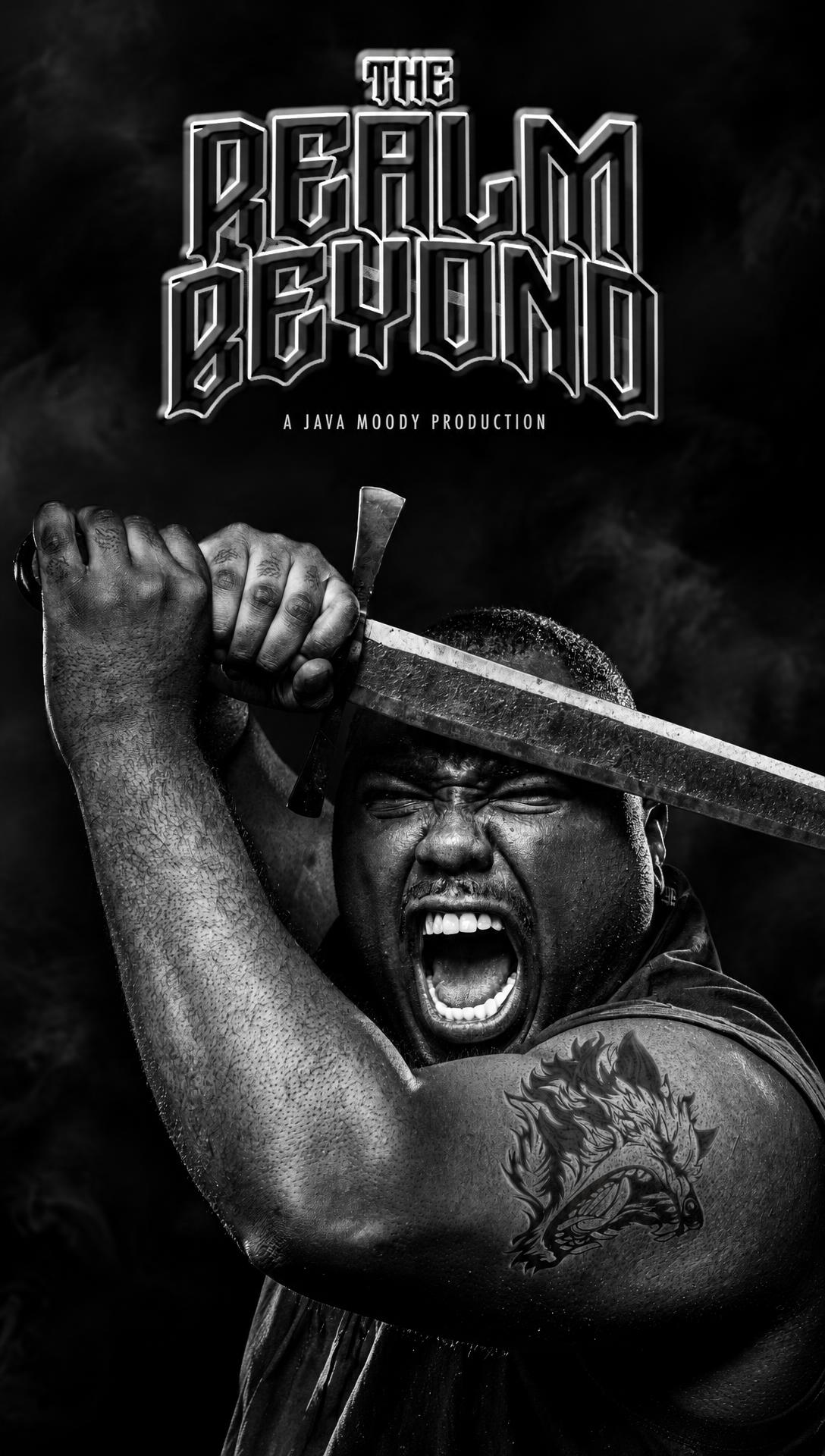 The Realm Beyond official poster: a roaring warrior with a sword across his forehead beneath the chrome title
